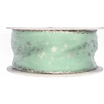 Stuha Vánoční stuha saténová mint NOBLESSE 25 mm x 2 m (Vánoční stuha saténová, zlatý okraj, jednostranný potisk, s drátkem)