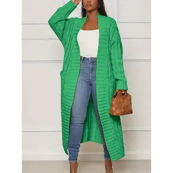 Dámský svetr Elegantní a extra dlouhý pletený cardigan s kapsami Barva: zelená, Velikost: XXXL
