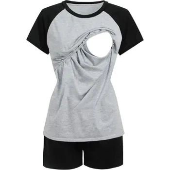 Dámské pyžamo Pohodlná těhotenské/kojící pyžamo - set tričko + šortky Barva: Černá, Velikost: S