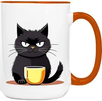 Hrnek velký barevný s potiskem Kočka s hrnkem kávy