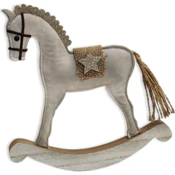 Vánoční dekorace Houpací koníček samet/dřevo béžový - 30 cm