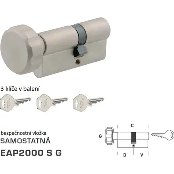 Vložka do dveří DK - EAP2000 S G - s knoflíkem D 40 + V 60 mm, knoflík na kratší straně NP - Nikl perla