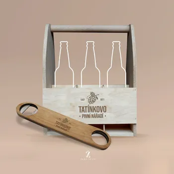 Žertovný předmět Dřevěná přenoska na pivo s otvírákem pro tatínka PIVNÍ NÁŘÁDÍ (6 Ks piva) Text: Text z obrázku