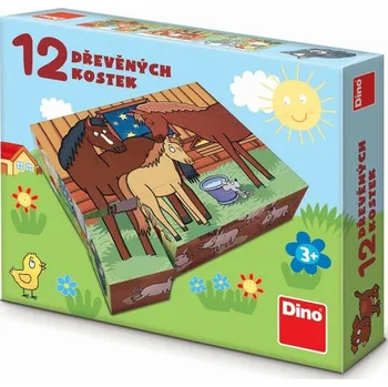 Dino Kubus dřevěné kostky 12 ks, Domácí zvířátka zelené/modré