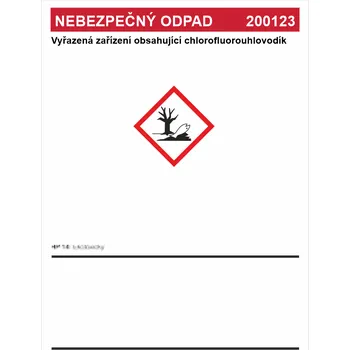 Nebezpečný odpad 200123 -	Vyřazená zařízení obsahující chlorofluorouhlovodík Samolepka PVC A4 (297 x 210 mm)