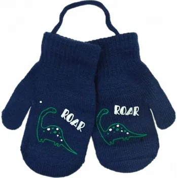 Rukavice YO! Zimní chlapecké rukavičky se šňůrkou Roar Dino - granátové 10cm (12-24m)