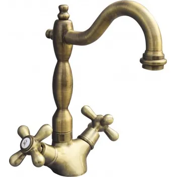 Vodovodní baterie RAV SLEZÁK Kohoutková Nástěnná Baterie MORAVA RETRO, Dřezová s Otočným Ramínkem 28 cm, Keramické Vršky Flühs, Rozteč 15 cm, Stará Mosaz