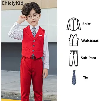 Klučičí elegantní set společenské kalhoty + vesta + košile + kravata (1 - 12 let) Barva: Dark Red 3 Pcs Sets, Velikost: 130 (6-7 let)