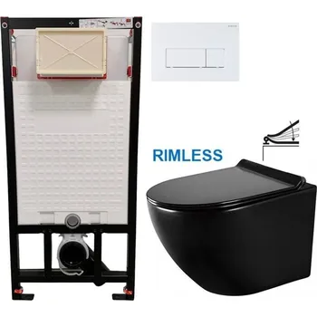 Klozet DEANTE Podomítkový rám, pro závěsné WC mísy + SLIM tlačítko bílé + WC MEXEN LENA ČERNÁ Rimless + SEDÁTKO CST_WC01 A51P ME01