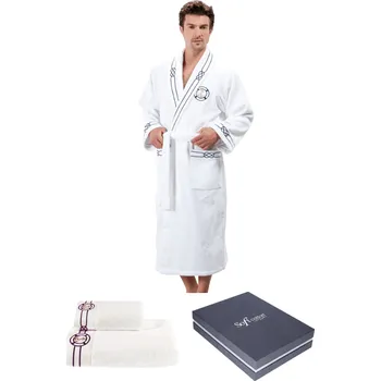 Pánský župan Soft Cotton Luxusní pánský župan MARINE MAN s ručníkem a osuškou v dárkovém balení, Bílá, 420 g / m², Česaná prémiová bavlna 100%, Dlouhý - vel. L + ručník + osuška + box, námořnický vzor
