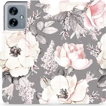 Pouzdro na mobilní telefon Flipové pouzdro Mobiwear - Motorola Moto G54 5G / Moto G54 5G Power Edition - MX06S Květy na šedém pozadí (Knížkové flip pouzdro, obal, kryt na mobil Motorola Moto G54 5G / Moto G54 5G Power Edition - MX06S Květy na šedém pozadí, materiál Umělá kůže + TPU