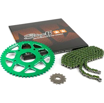 Řetězová sada 14x53 - 420 Stage6 alu CNC zelená Peugeot / Rieju
