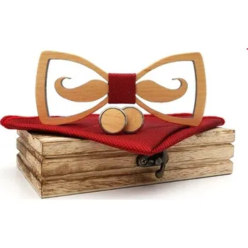 Motýlek Set dřevěného motýlku, kapesníčku a manžetových knoflíčků - Knír světlý, červený