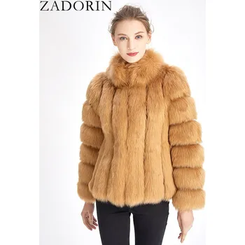 Dámská parka Zimní kožešinová bunda kožich se stojatým límcem Barva: Světle Hnědá, Velikost: L