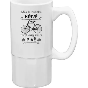 Sklenice Půllitr bílý vysoký Máš-li řídítka křivě, utop svůj žal v pivě