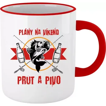 Rybářský hrnek - Plány na víkend - prut a pivo - červený lem a ucho 330 ml