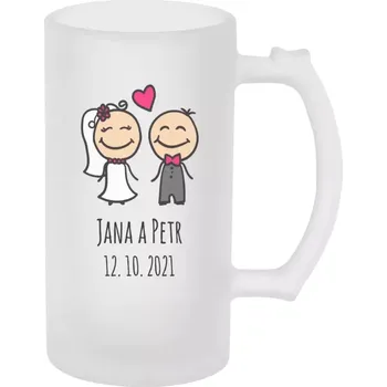 Sklenice Půllitr na svatbu nebo rozlučku - Panáčci se jmény - matný