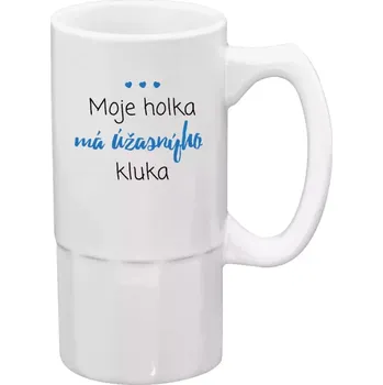 Sklenice Půllitr bílý vysoký Moje holka má úžasnýho kluka