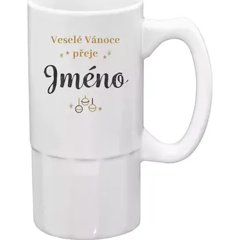 Sklenice Půllitr bílý vysoký Veselé Vánoce přeje - zlaté ozdoby