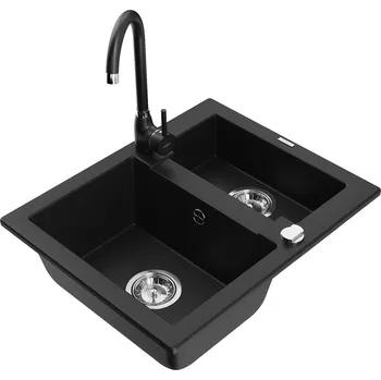 Granitový dřez MEXEN/S - Carlos granitový dřez 1.5 včetně baterie Telma, černá 6518-77-670200-70