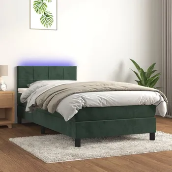 Postel vidaXL Box spring postel s matrací a LED 90x200 cm samet [3134381] Barva: Tmavě zelená