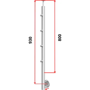 Zábradlí Hahn Steel Konfigurátor - nerezový sloupek O42,4mm - 4 x výplň O12mm - vnější, AISI 304 - brus, boční kotvení Typ držáku madla: Model 0718.242 - kulaté madlo ⌀42,4mm, Výška sloupku - nad podlahou: 800mm, Parametry sloupku pod úrovní podlahy: 80*130mm
