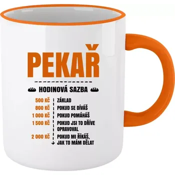 Hrnek pro pekaře - Hodinová sazba - pekař - oranžový lem a ucho 330 ml