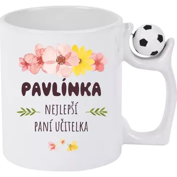 Hrnek 330 ml - fotbalový míč Nejlepší paní učitelka - růžové květy