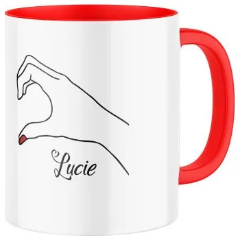 Keramický hrnek s potiskem "Ženská ruka tvořící polovinu srdce" se jménem