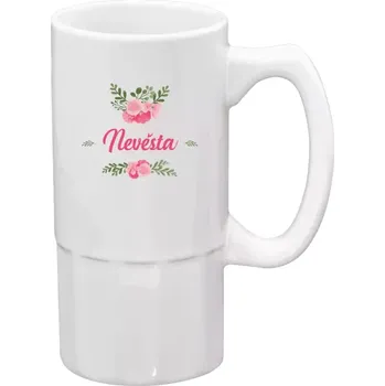 Sklenice Půllitr bílý vysoký Nevěsta - růžové květiny