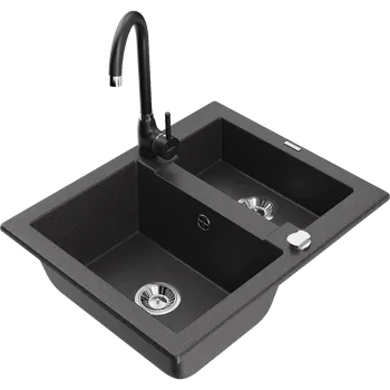 Granitový dřez Mexen Carlos granitový dřez 1,5-komorový s kuchyňskou baterií Telma, černý skvrnitý - 6518-76-670200-70 Granitové dřezy s baterií