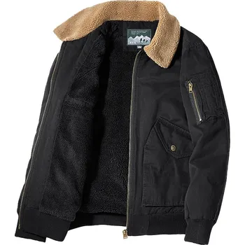 Pánský zimní kabát Pánská bunda s kapsami, kožešinovým límečkem a fleecem Barva: Khaki, Velikost: 3XL