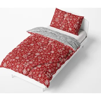 Povlečení TipTrade Sněhové vločky červené/šedé 140 x 200, 70 x 90 cm zipový uzávěr