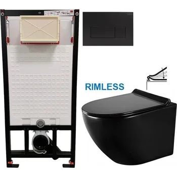 Klozet DEANTE Podomítkový rám, pro závěsné WC mísy + SLIM tlačítko černé + WC MEXEN LENA ČERNÁ Rimless + SEDÁTKO CST_WC01 N51P ME01