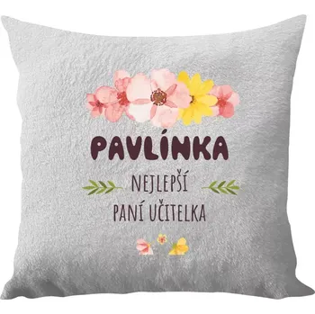 Polštář Polštář bílý 40x40 cm - dlouhý chlup Nejlepší paní učitelka - růžové květy
