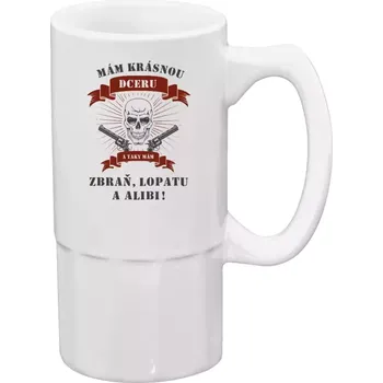 Sklenice Půllitr bílý vysoký Mám krásnou dceru, a taky zbraň, lopatu a alibi - lebka
