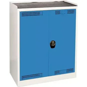 Ekonomická uzamykatelná skříň malá pro chemikálie, skříň: šedá - RAL 7035, dveře: modrá - RAL 5012, záchytná police: stříbrná