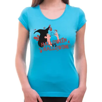 Pánská móda Vinařské tričko - Halloween vs. Hallowine, Barva látky tyrkysová modrá, Střih Dámsky, Velikost XXL