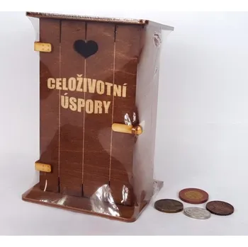 Pokladnička Pokladna kadibudka dřevěná tmavá s nápisem - Celoživotní úspory