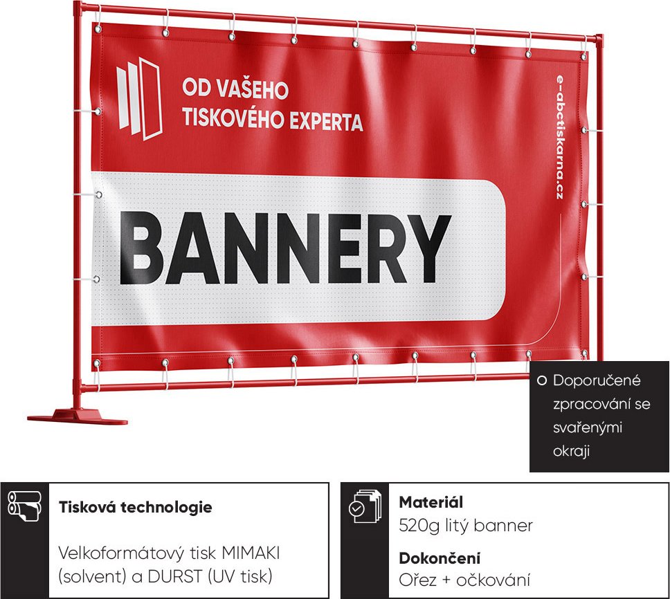 Bannery, reklamní plachty Barevné jednostranné - 4/0 (CMYK) Svaření okrajů, kvalitní oka po 50 cm (doporučujeme) Standardní: PVC banner litý 510 g/m² (kvalitní, doporučujeme)