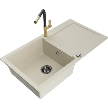 Granitový dřez MEXEN/S - Leo granitový dřez 1 s odkapávačem včetně baterie Flora, béžováy 6501-69-670401-57-B