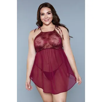 Dámská noční košile Alana Chemise - Plus Size - Burgundy, 1XL, červená, Be Wicked