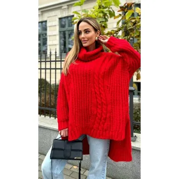 Dámský svetr Fashionweek Dámské pončo s rolákem teplé tlusté pončo s vlnou, prémiová kvalita JK-SOPHIA Barva: Červená, Velikost: Universal