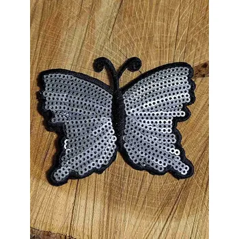 Textilní nažehlovací páska Nažehlovačka motýl s flitry barva stříbrná