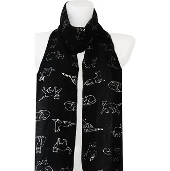 Šátek Dámský lehký obdélníkový šál 345-8 se stříbrným potiskem koček, černé barvy 7200648-9