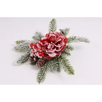 Vánoční dekorace Zasněžená pivoňka s přízdobou na skřipci 30 cm, červená