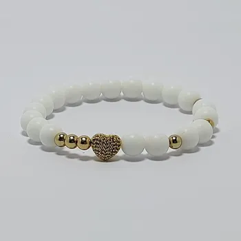 Náramek Damský náramek z minerálů 8 mm - bílý onyx matný a mosaz s zirkóny (Micro Pave) Z8D2