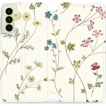 Pouzdro na mobilní telefon Flipové pouzdro Mobiwear - Samsung Galaxy A15 / A15 5G - MD03S Tenké rostlinky s květy (Knížkové flip pouzdro, obal, kryt na mobil Samsung Galaxy A15 / A15 5G - MD03S Tenké rostlinky s květy, materiál Umělá kůže + TPU - ochrana 360°, stojánek, silikonová)