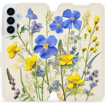 Pouzdro na mobilní telefon Flipové pouzdro Mobiwear - Samsung Galaxy A25 5G - VP41S Modré a žluté kvítky (Knížkové flip pouzdro, obal, kryt na mobil Samsung Galaxy A25 5G - VP41S Modré a žluté kvítky, materiál Umělá kůže + TPU - ochrana 360°, stojánek, silikonová vanička, magnetick
