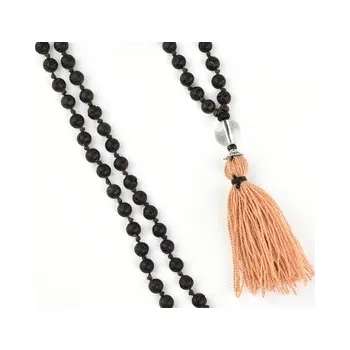 Náhrdelník Asijský růženec lávový kámen s hnědým střapcem